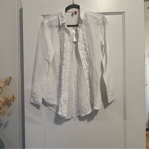 Anthropologie Pilcro White Long Sleeve Ruffle Button Down Linen Blend Shirt XXS